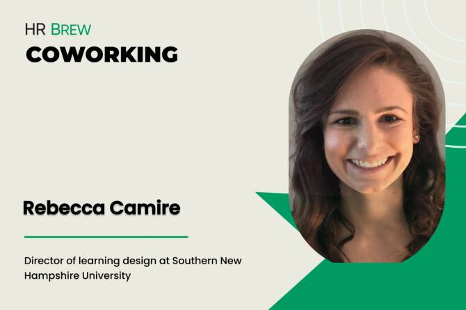 tan postcard style image. on the left it says HR Brew Coworking; Rebecca Camire; Director of learning design at Southern New Hampshire University; on the right is an oval close-up headshot of a smiling woman with brown hair with loose curls