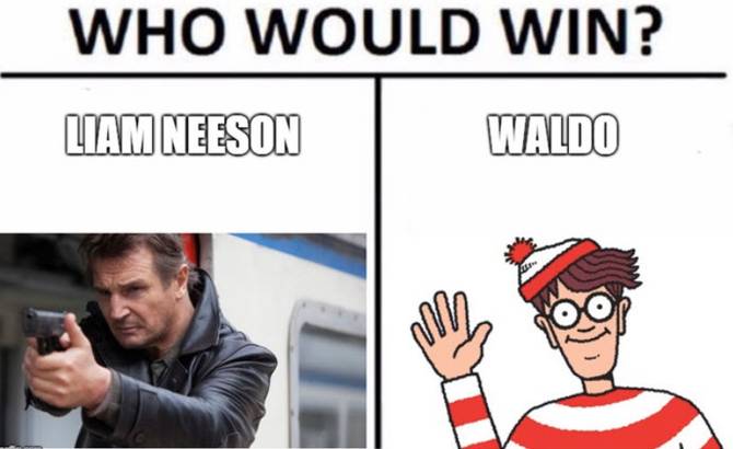 Meme contest winner showing Liam Neeson vs. Waldo