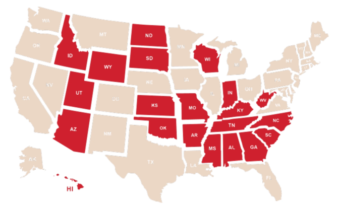 A US map shows, in red, the 21 states still charge a sales a tax on period products.