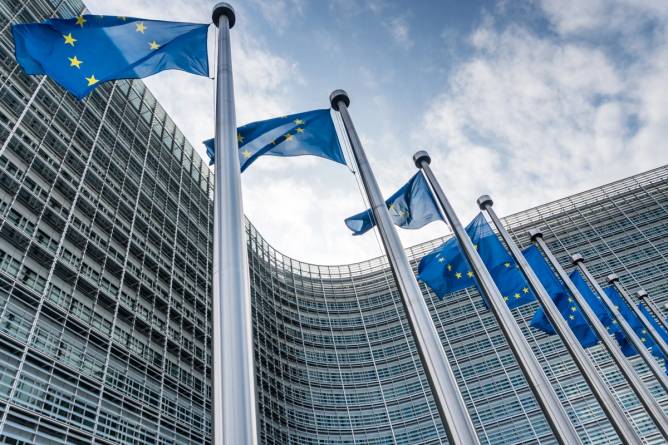 EU flags outside of a building