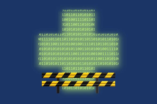 A medical cross made out of binary code held behind yellow and black safety guardrails.