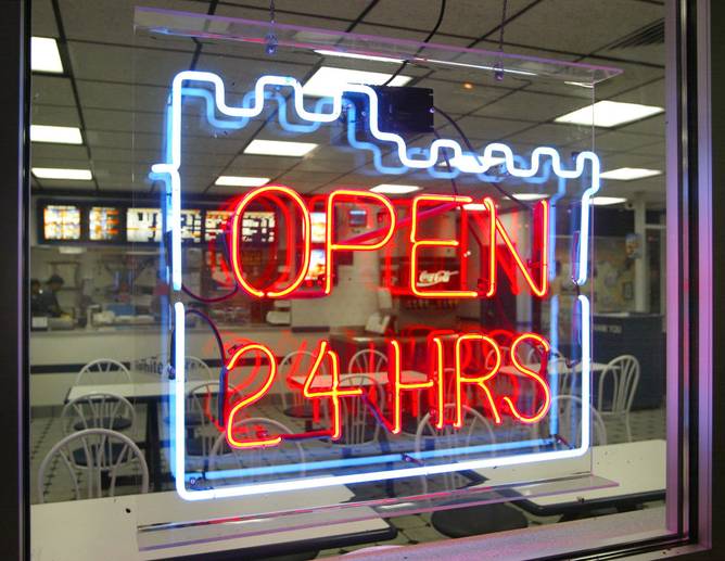 "Open 24 hours" sign