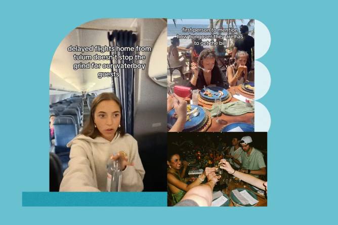 Collage of screenshots from Waterboy's TikTok showing the brand trip and a photo showing guests holding up shot glasses.