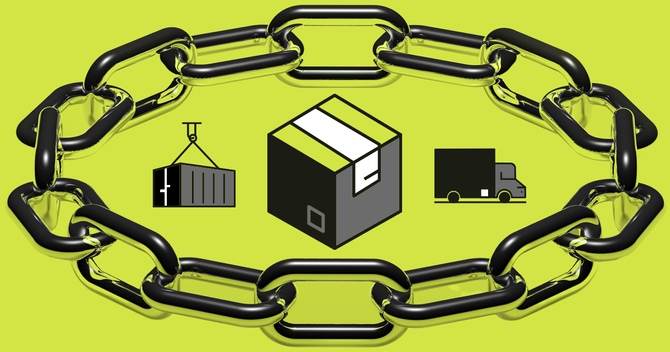 Illustration of a chain surrounding a shipping container, box, and truck.
