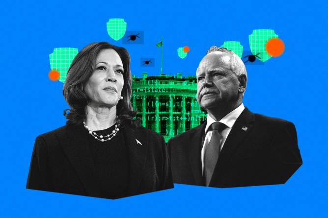 Kamala Harris and Tim Walz in front of the White House and cybersecurity icons..