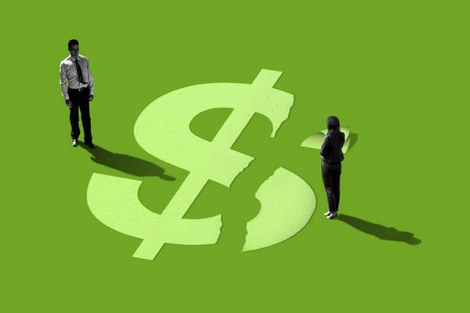 Large-scale dollar sign ripped and creating a gap between a male and female business worker. Credit: Illustration: Anna Kim, Photos: Getty Images