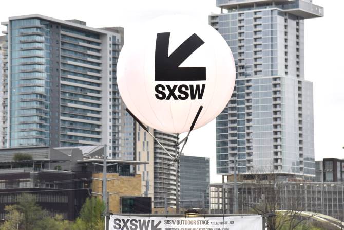 a SXSW balloon in the city of Austin