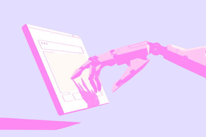 A robot arm reaching out and touching a screen displaying a web browser