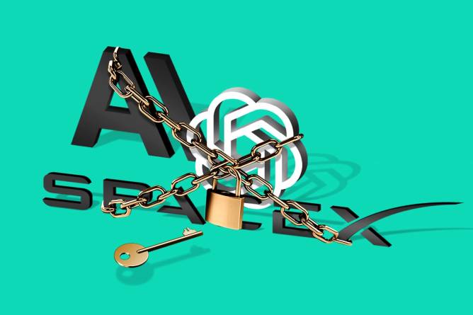 Open AI and Space X logos locked in chains. 