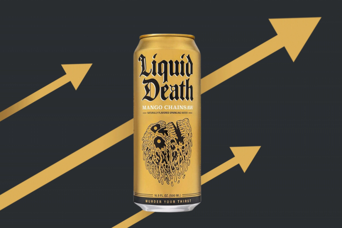 A can of Liquid Death Water with arrows pointing up