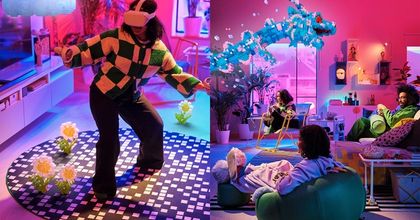 Side-by-side shots of colorful, RGB lit gaming rooms with people playing VR and console video games
