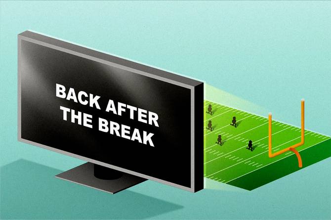 a TV screen that says "Back After The Break" in front of a football field