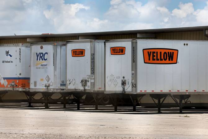 Yellow Corp. box trailers sit at a terminal on June 28, 2023 in Medley, Florida.