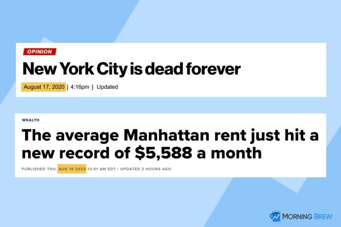 Two headlines next to each other. One reads “New York City is dead forever” from The New York Post on August 17, 2020. The other reads “The average Manhattan rent just hit a new record of $5,588 a month” from MSNBC on August 10, 2023.