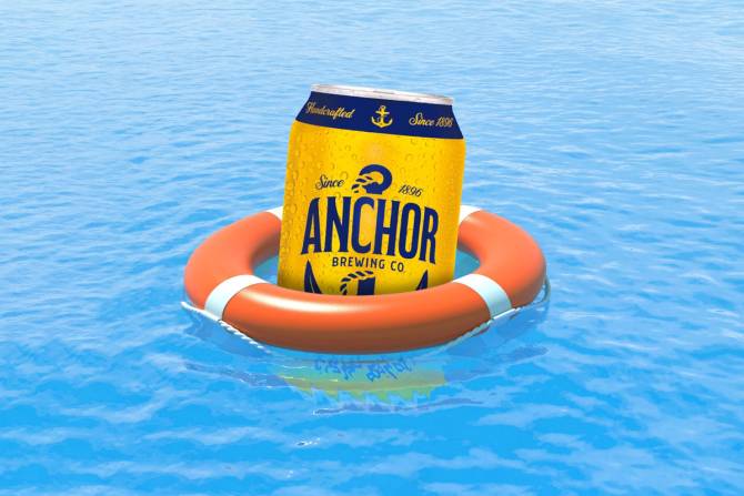 Anchor beer can floating in water in life preserver.