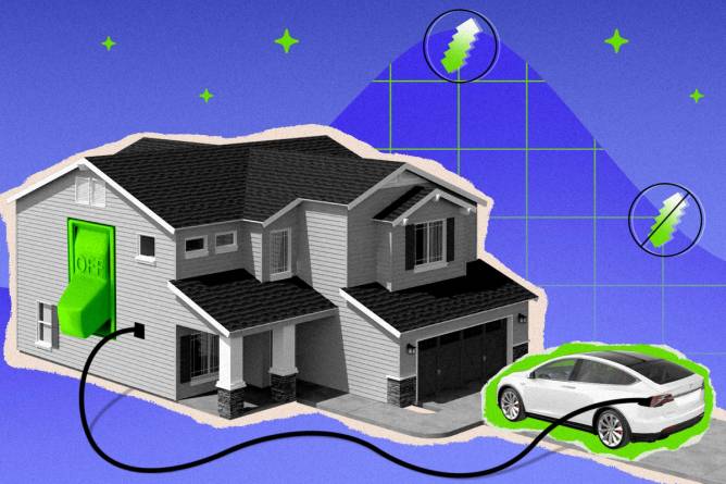 image of an EV plugged into a home with electricity motifs in background