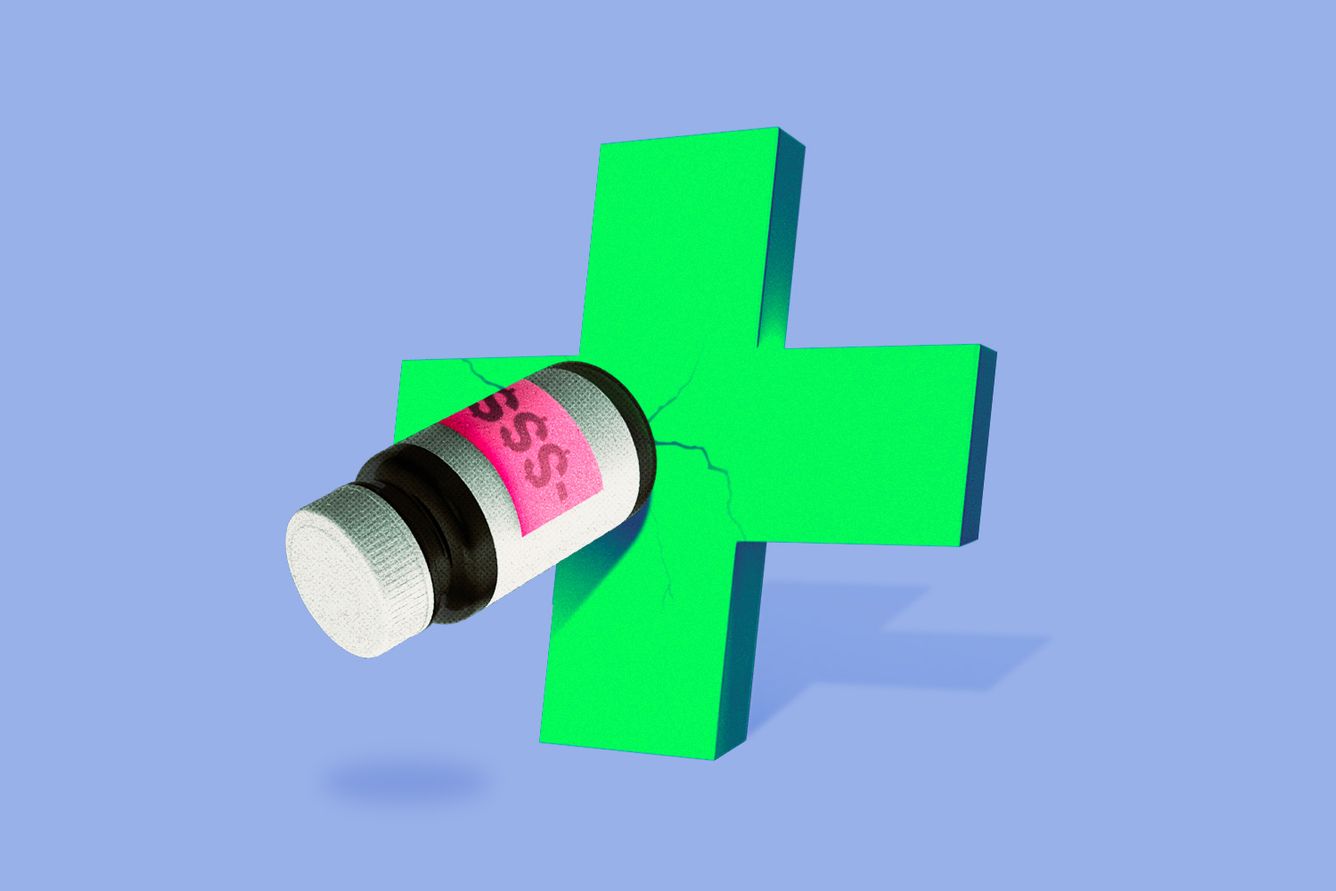 Pill bottle with discounted price sticker slams into medical cross symbol.