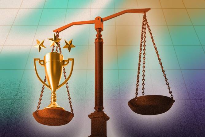 an illustration of a balance scale. on the left side of the scale, there is a gold trophy