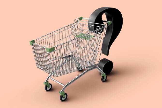 Question mark pushing a cart to represent uncertainty in retail