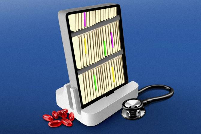 an iPad with a bunch of yellow folders on it surrounded by a stethoscope and red pills