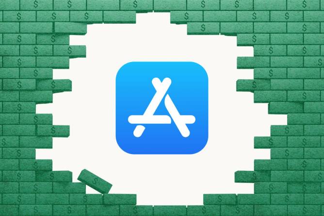 App Store logo through a hole in a brick wall