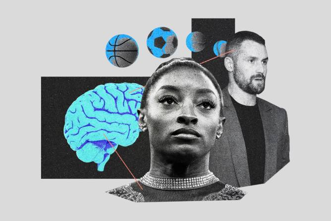 Simone Biles and Kevin Love collaged with images of a brain and sports balls.