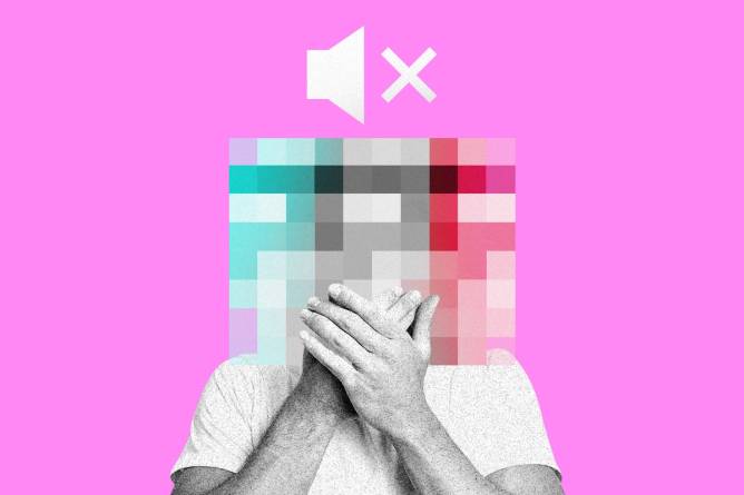 a black and white figure with a pixelated face with a mute button over it, in front of a pink background