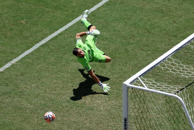 Goalkeeper dives for a soccer ball.