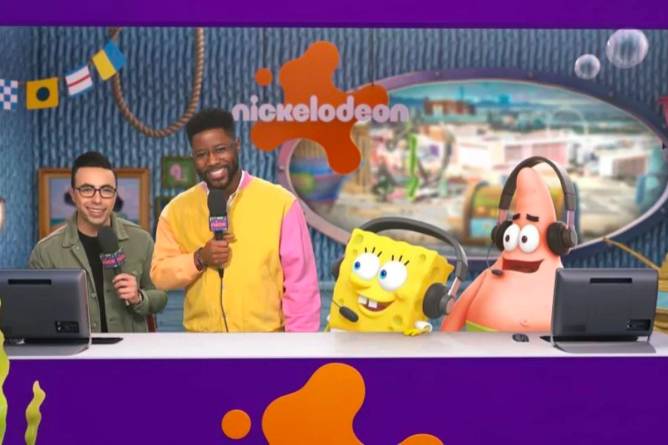 Noah Eagle and Nate Burleson next to SpongeBob SquarePants and Patrick Star in a broadcast booth