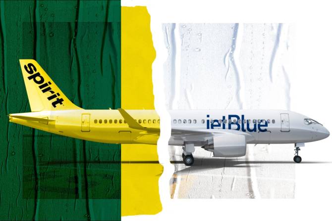 A combination Spirit and JetBlue plane