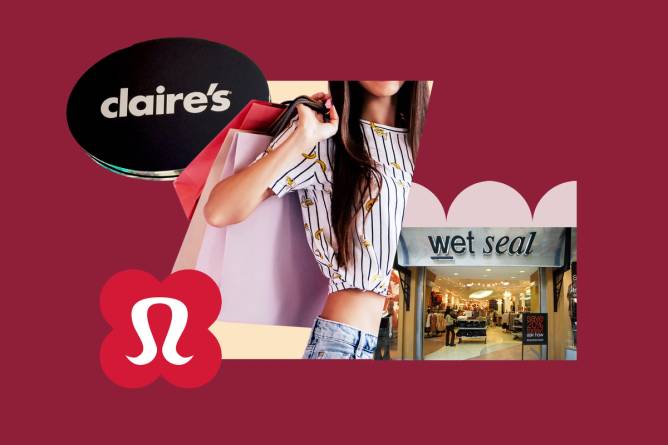 A photo composite of a teen holding two shopping bags over their shoulder next to the Claire's logo, a Wet Seal storefront and the Lululemon logo.
