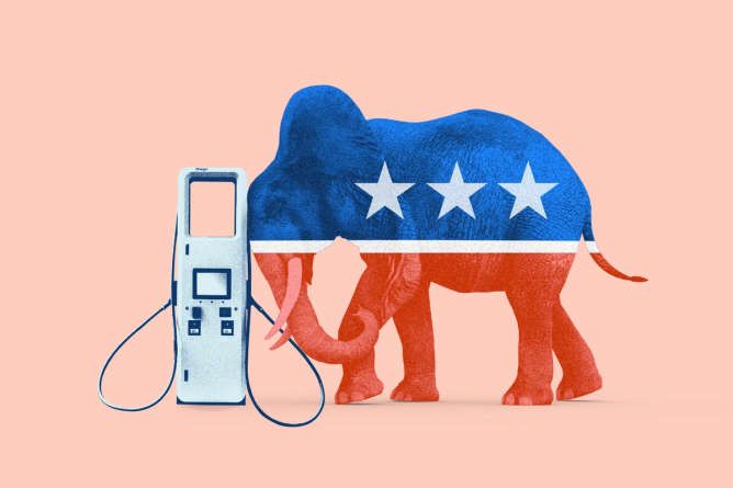 An EV charger next to the Republican elephant