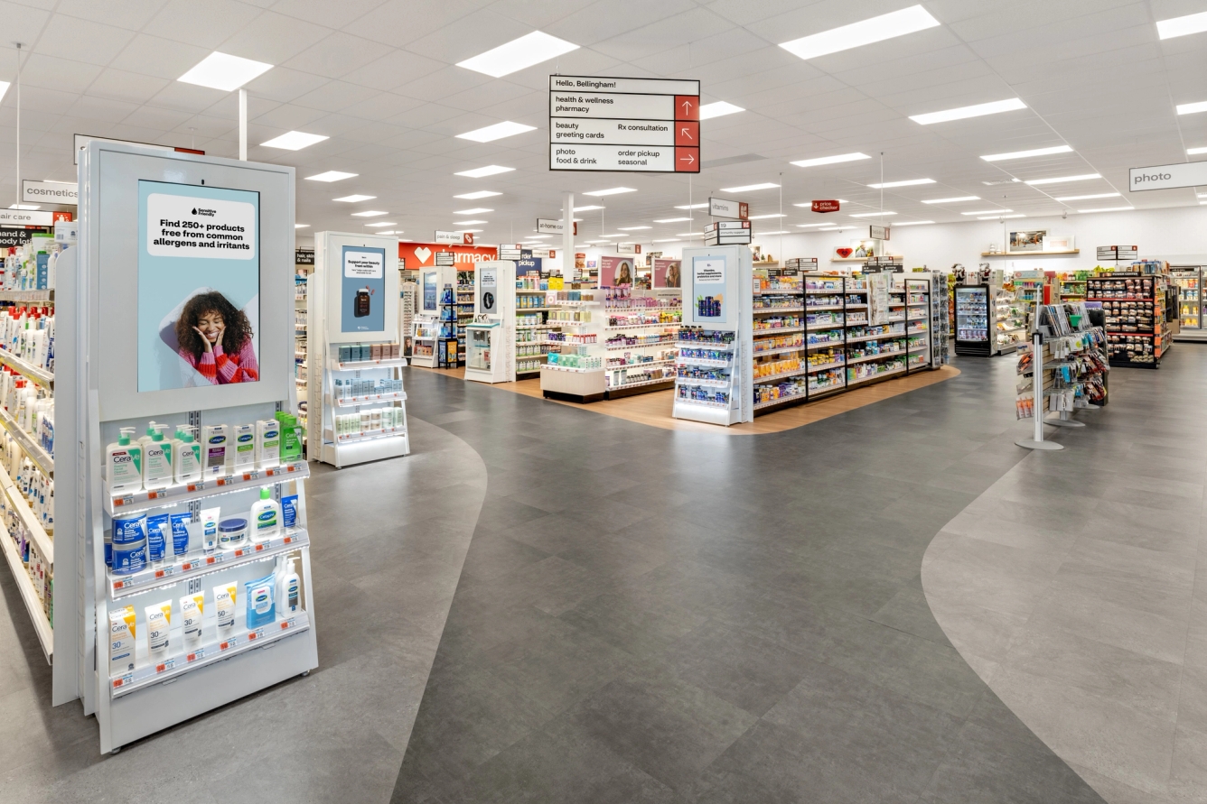 CVS Pharmacy in-store retail media screens with ads