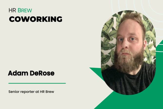 tan postcard-style image. On the left is writing: HR Brew Coworking; Adam DeRose; senior reporter at HR Brew; On the right is an oval headshot of a man with short light brown hair and a beard, looking to camera