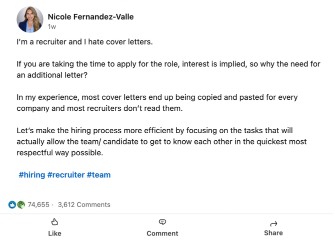 LinkedIn post by Meta recruiter Nicole Fernandez-Valle