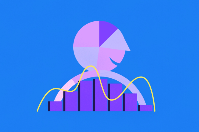 Stacked charts, piechart, and bar graph forming the silhouette of a person. Illustration