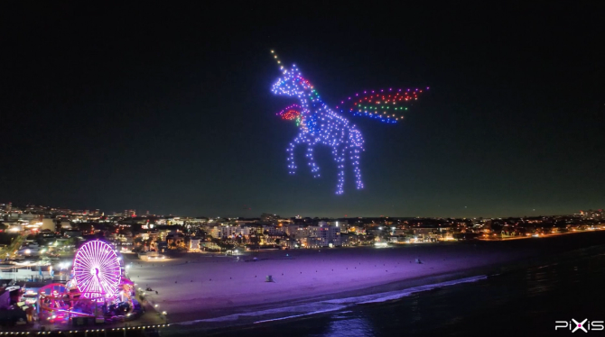 image of a drone light show featuring a unicorn made of drones