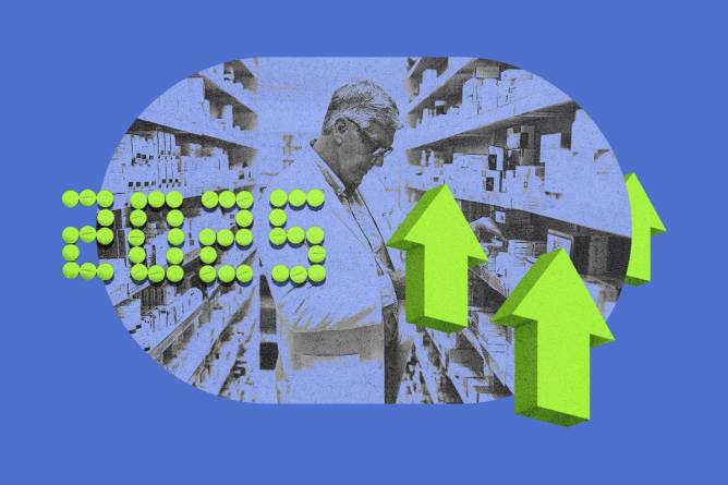 Pills spelling out 2025 with upward arrows surrounding an image of a man in a pharmaceutical store. Credit: Illustration: Anna Kim, Photos: Adobe Stock