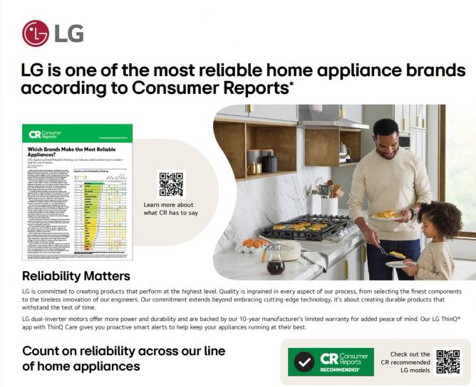 An in-store promotional message that touts LG's Consumer Reports' reliability ratings that the brand will soon display in stores. 