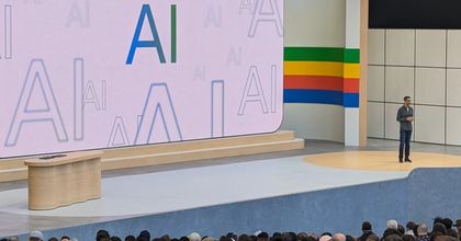 Screenshot from the 2024 Google IO conference with CEO, Sundar Pichai, talking on stage