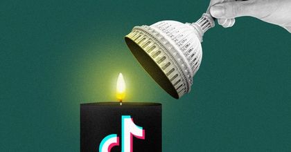 A person’s hand placing the top of the US capital building on top of a candle with the TikTok logo on the side