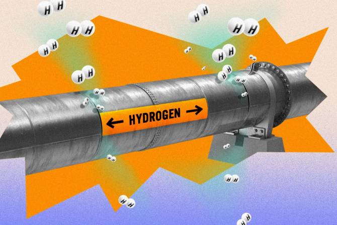 illustration of a hydrogen pipe with hydrogen molecules escaping