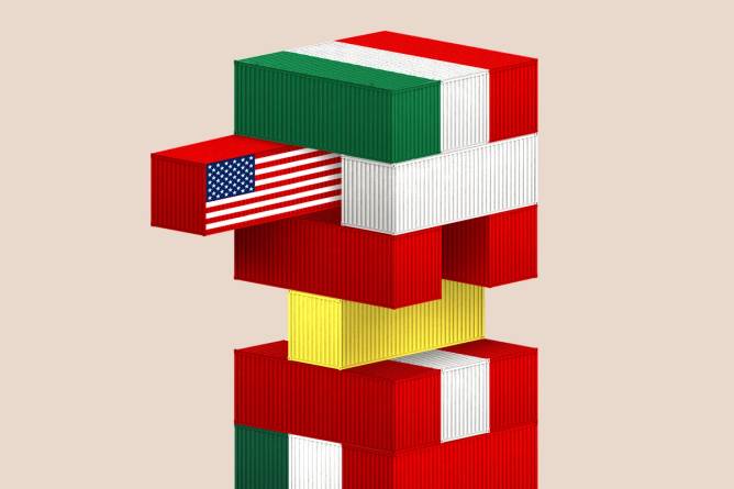 Jenga tower made up of colors of the flags of Mexico, Canada, China, and America. Credit: Anna Kim