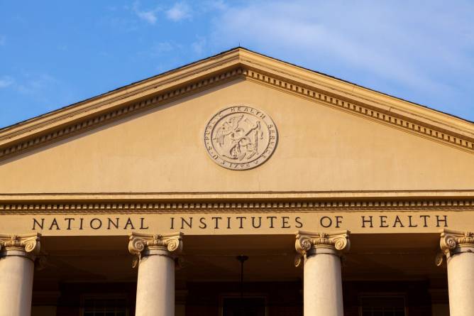 The exterior of the historic NIH building in Bethesda