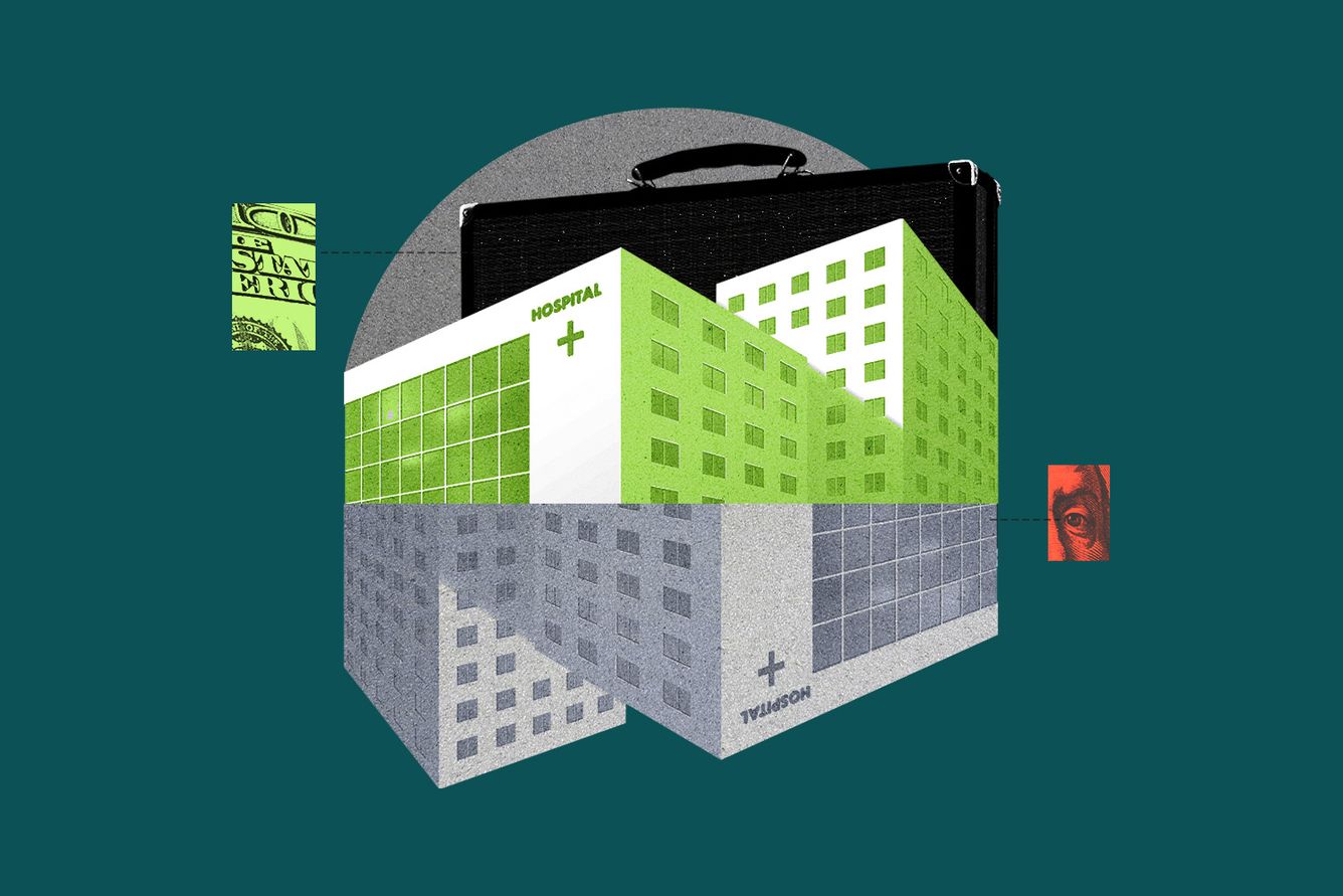 Hospital building split in half collaged with briefcase and $100 bill. Credit: Illustration: Anna Kim, Photos: Adobe Stock.