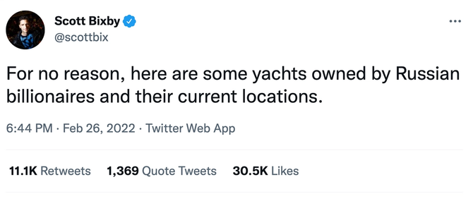 A tweet saying "For no reason, here are some yachts owned by Russian billionaires and their current locations"