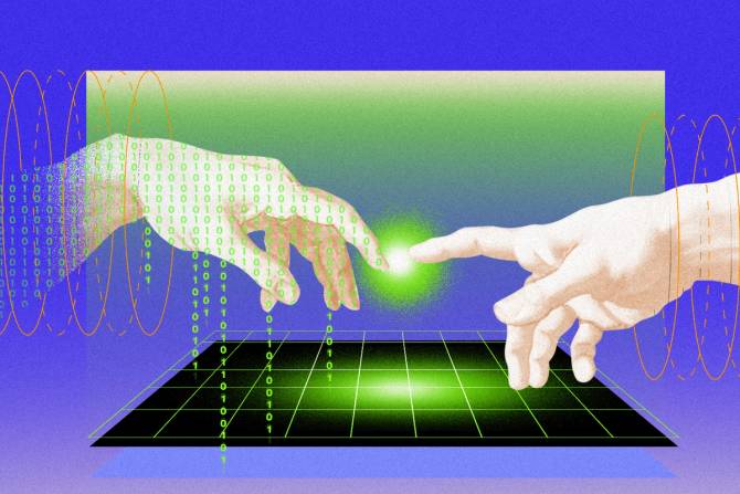 Virtual hand and a human hand reaching out to each other