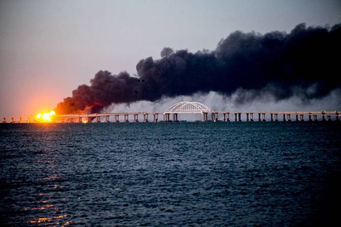 Explosion causes fire at the Kerch bridge in the Kerch Strait