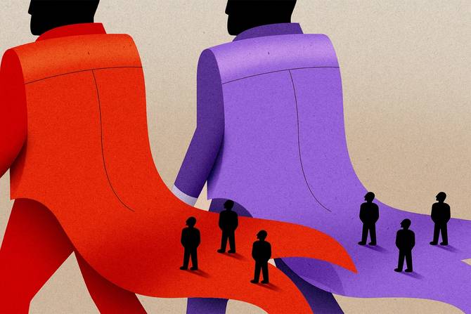 animated image of two people in coats—one red, one purple—with smaller people on their literal coattails 