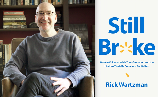 A photo of author Rick Wartzman sitting in a chair and the cover of his new book, Still Broke.